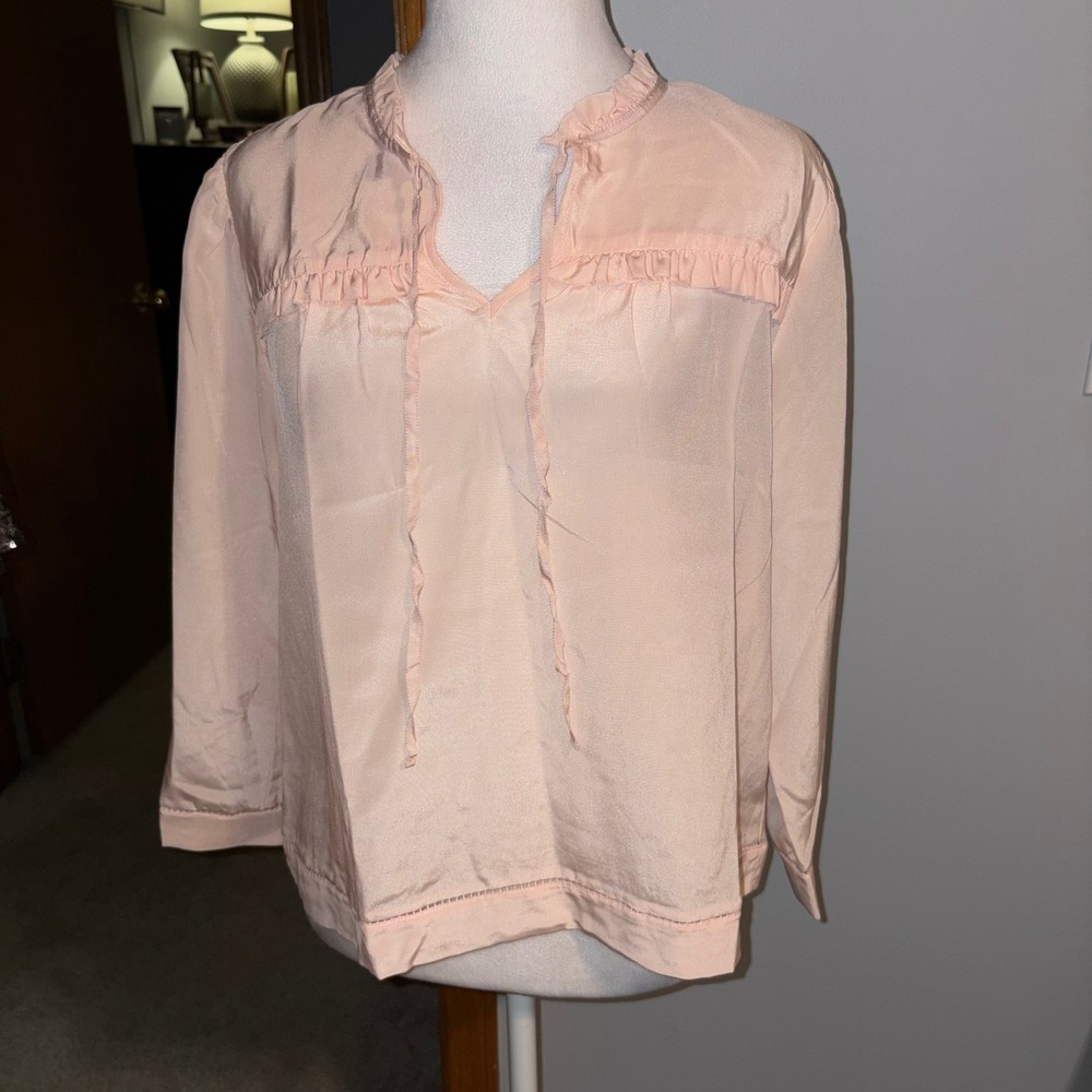POINT SUR for J Crew Light Pink Ruffled‎ Neck Tie Blouse 100% silk Women's PM